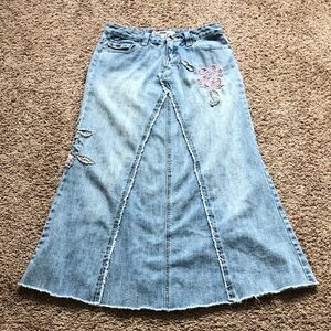 Embroidered Floral Denim Maxi Skirt